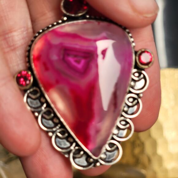 Bold Sterling Silver Pink Agate Pendant with Faceted Ruby Accents - Picture 2 of 10